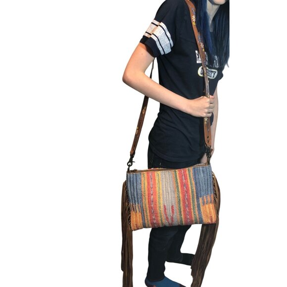 American Darling Bag Woven Fringe Shoulder Bag Floral Leather Strap Multi-Color - Picture 9 of 16